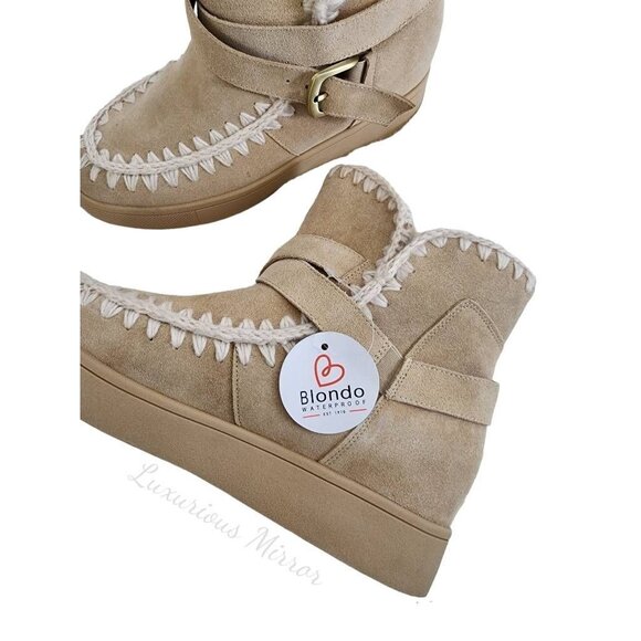 Blondo Faux Fur Boots Waterproof Ankle Cow Suede Anna Brown Lined Womens 11M New - Picture 4 of 8